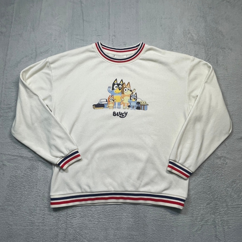 Bluey Sweatshirt Womens Large Cream Graphic Pullover Striped Trim Heeler Family